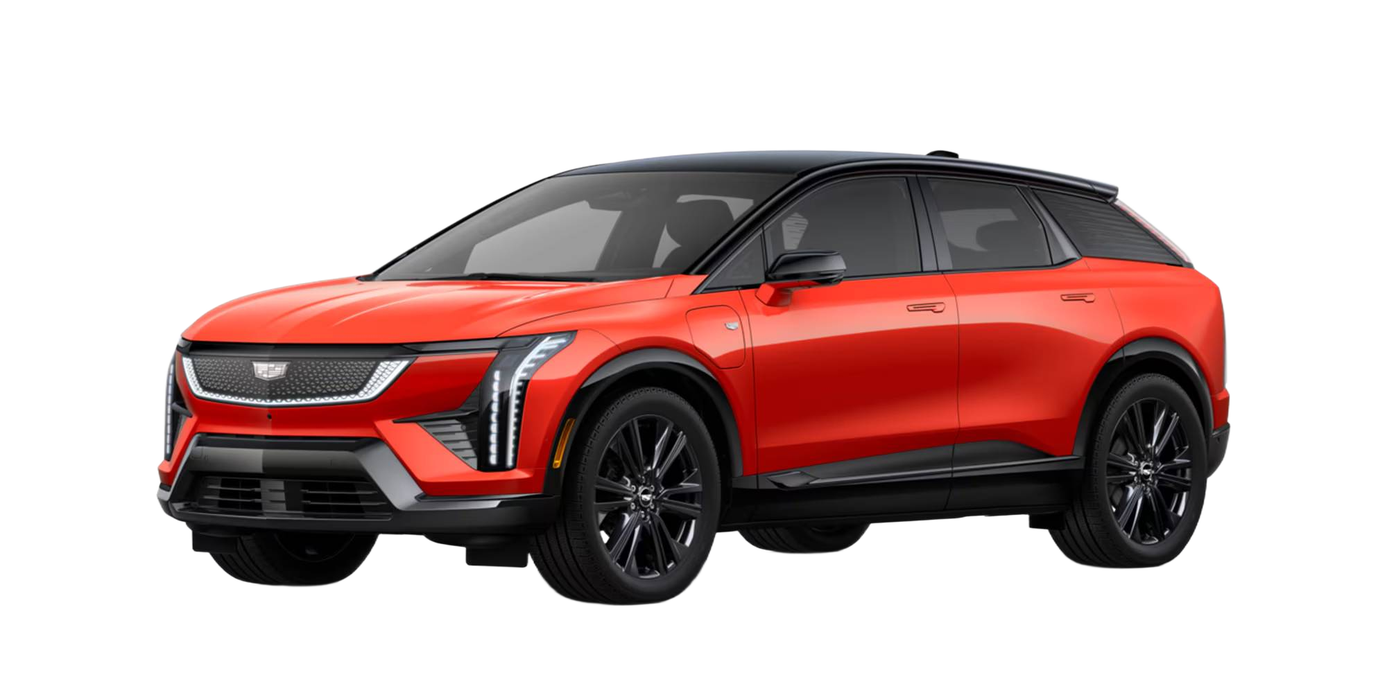 The side profile of a 2025 Cadillac OPTIQ in red with a black roof