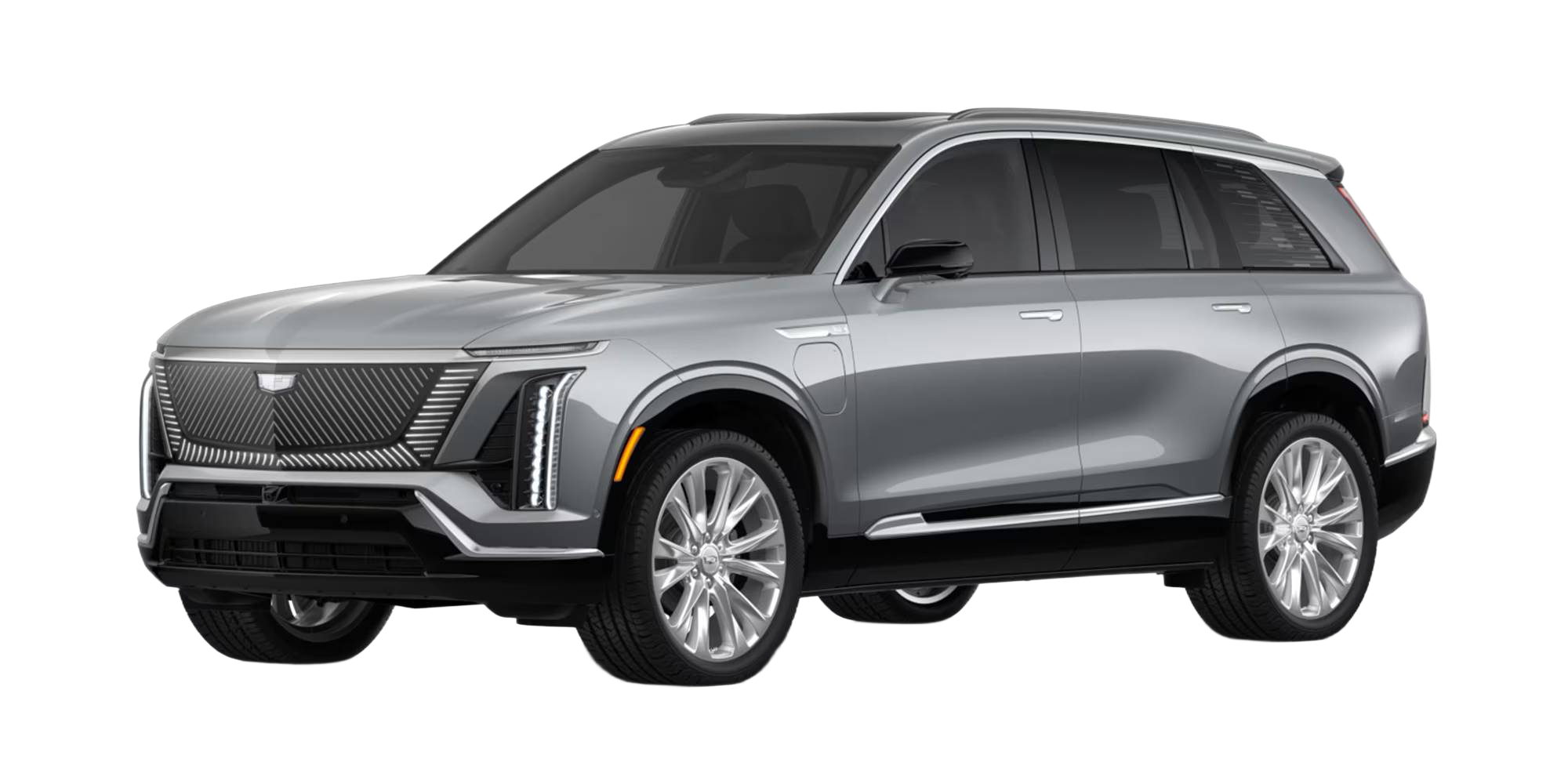 A slightly-angled (but mostly side-on) silver 2026 Cadillac VISTIQ