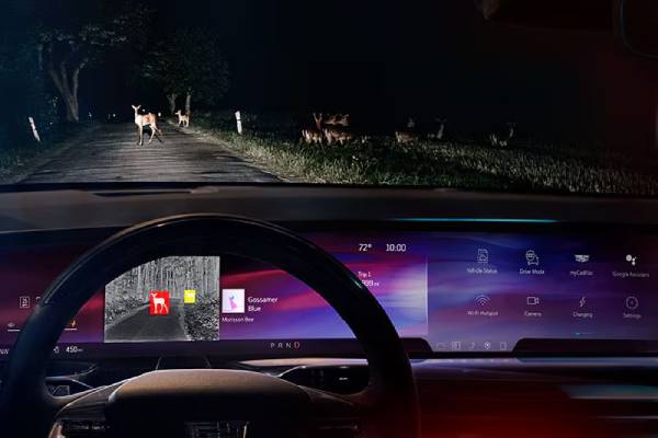 A herd of deer can be seen on the road ahead of the 2026 Cadillac Escalade IQ, detected by its Night Vision feature