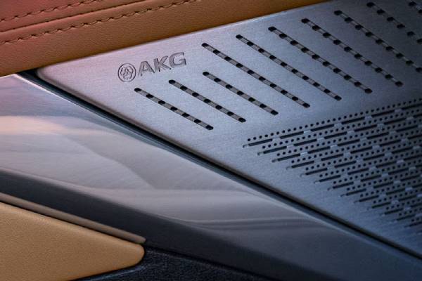 A close-up of the silver metal AKG speakers aboard the 2026 Cadillac Escalade IQ