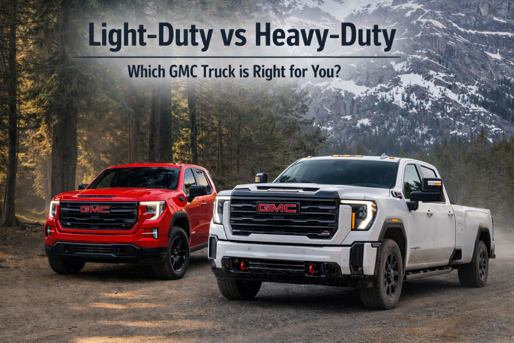 Light-duty GMC Sierra 1500 and heavy-duty GMC Sierra HD parked on a forest road in Central Alberta