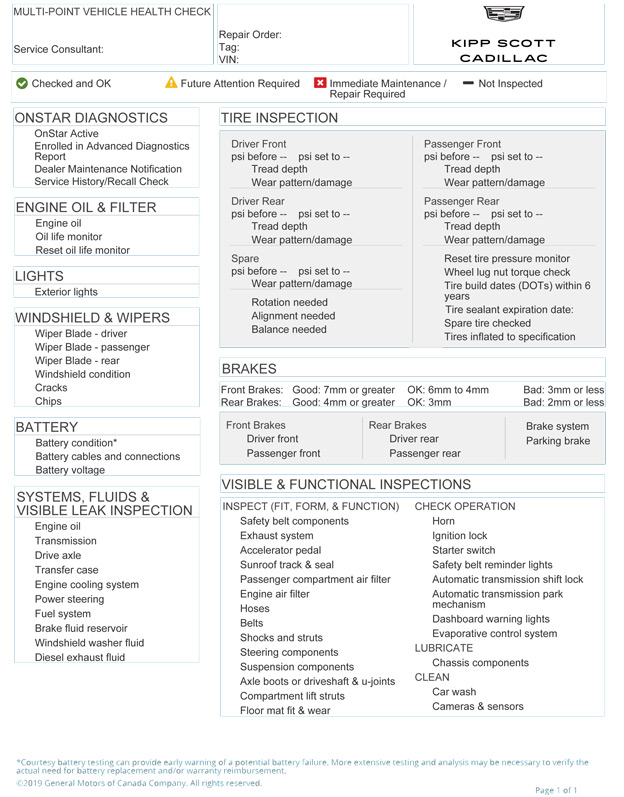 A copy of a Multi Point Vehicle Inspection Form