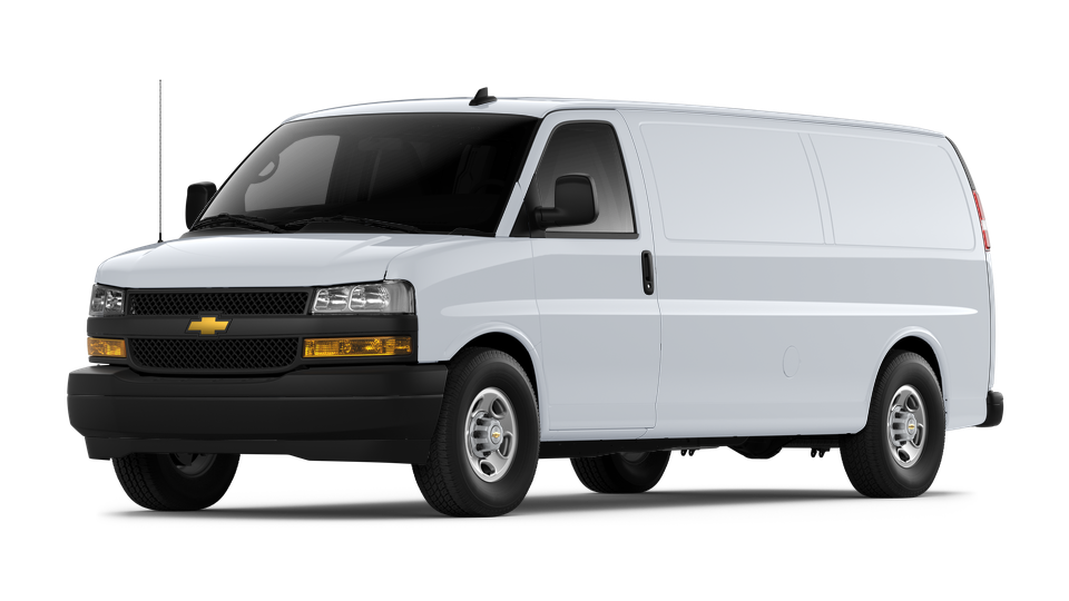 A white 2025 Chevrolet Express 3500 Cargo Van