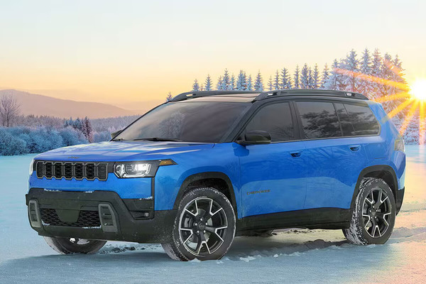 A blue and black 2026 Jeep Cherokee is parked on the snow at sunrise. 2026 Jeep Cherokee for sale at Laplante Chrysler Dodge Jeep Ram in Embrun, ON