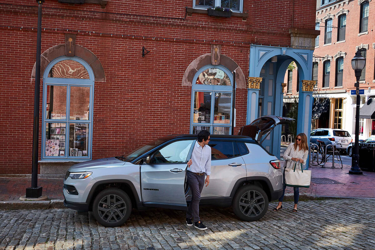 A silver 2026 Jeep Compass with its trunk open. New 2026 Jeep Compass design features at Leavens Chrysler in London, ON