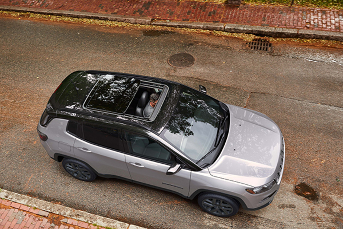 A top-down view of the 2026 Jeep Compass and sunroof. New 2026 Jeep Compass design features at Leavens Chrysler in London, ON