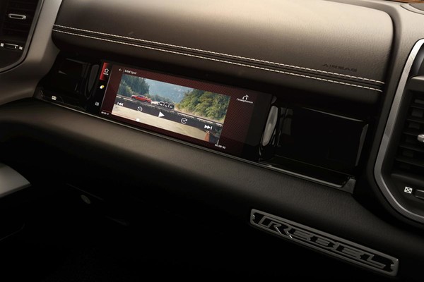 A close-up of the 2026 Ram 1500's class exclusive front passenger screen displaying a camera view.