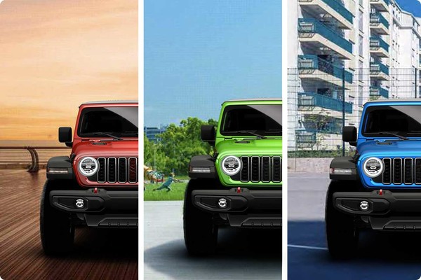 Three panels showing the 2026 Jeep Wrangler in three different colours. New 2026 Jeep Wrangler Design Features at Leavens Chrysler Dodge Jeep Ram in London, ON