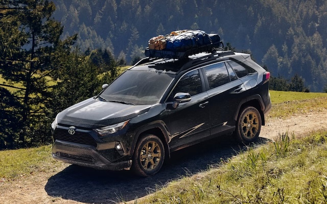A black 2025 Toyota RAV4 drives along a mountainside.