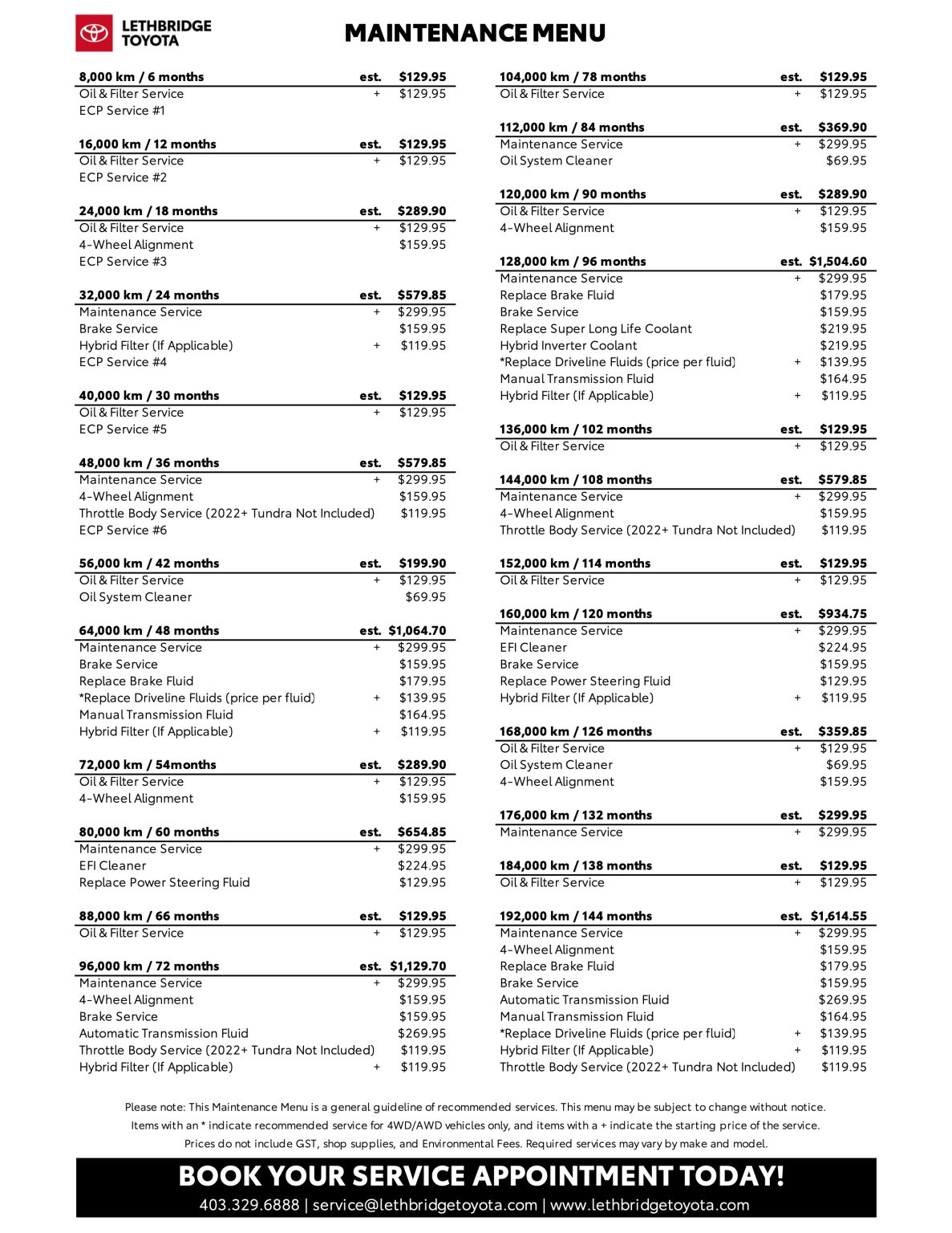 Express Maintenance Menu Maintenance Menu - Lethbridge Toyota