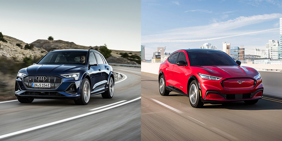 comparatif entre l'Audi e-tron 2021(Gauche) et le Ford Mustang Mach-E 2021(Droite)