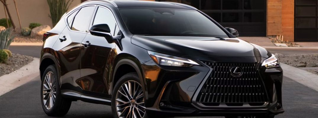 Exterior from the front of a 2026 Lexus NX in Caviar.