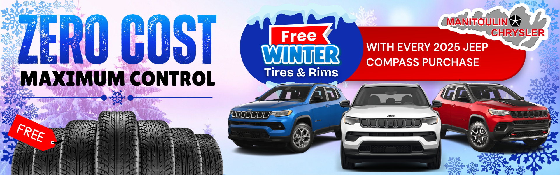 Every 2025 Jeep Compass puchased comes with a free set of Winter Tires and rims at Manitoulin Chrysler