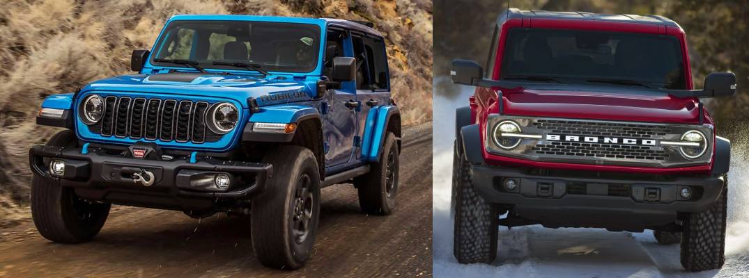 Image of 2025 Jeep Wrangler next to image of 2025 Ford Bronco.