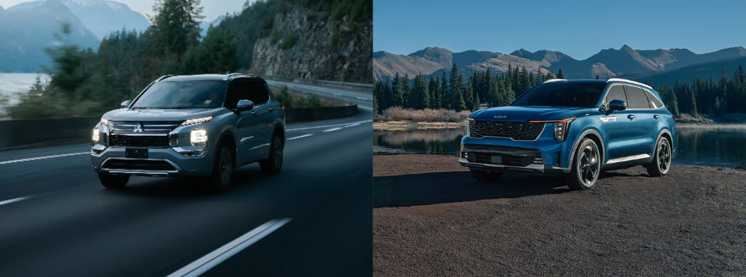 2026 Mitsubishi Outlander PHEV driving down the highway and the 2026 Kia Sorento PHEV parked in front of the lake