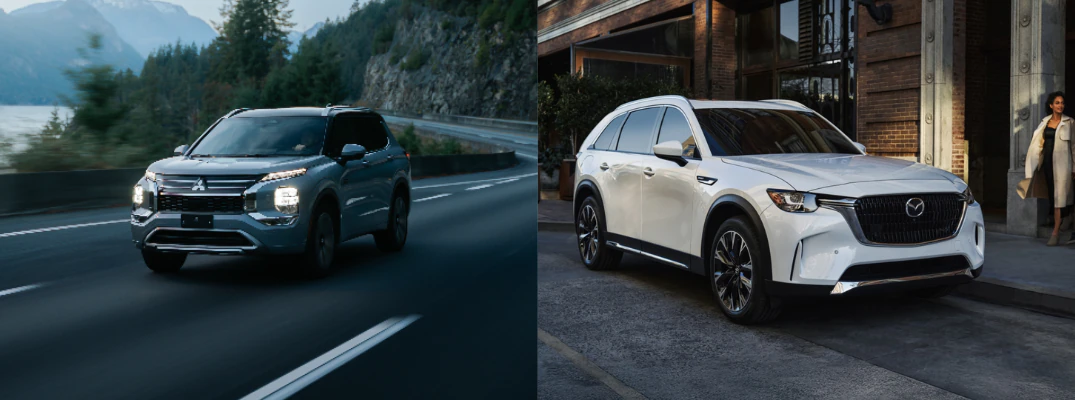 2026 Mitsubishi Outlander PHEV driving down the highway and the 2026 Mazda CX-90 PHEV parked by the sidewalk