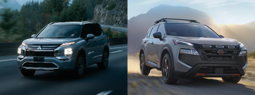 2026 Mitsubishi Outlander PHEV driving down the highway and 2026 Nissan Rogue PHEV driving in the desert