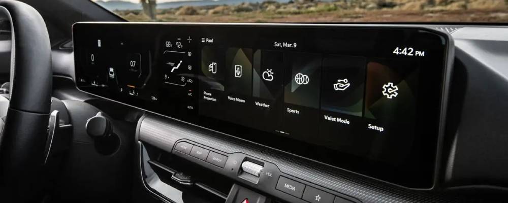 The infotainment touchscreen of a 2026 Kia K4. New 2026 Kia K4 Hatchback & 2026 Kia K4 Sedan vehicle comparison guide at Miramichi Kia in Miramichi, NB
