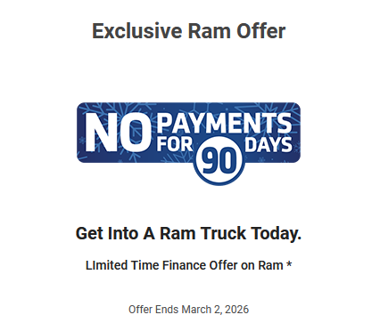 No Payments For 90 Days Ram Truck 2026 February Specials Offers Incentives Rocky Mountain House Sylvan Lake Innisfail Red Deer Drayton Valley Stettler Olds Lacombe Blackfalds Alberta Ab Alta