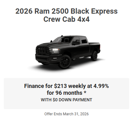 2026 Ram 2500 Ram Truck Specials Offers Incentives March 2026 Rocky Mountain House Alberta Alta AB Red Deer Sylvan Lake Caroline Drayton Valley Innisfail Olds Blackfalds Ponoka Nordegg