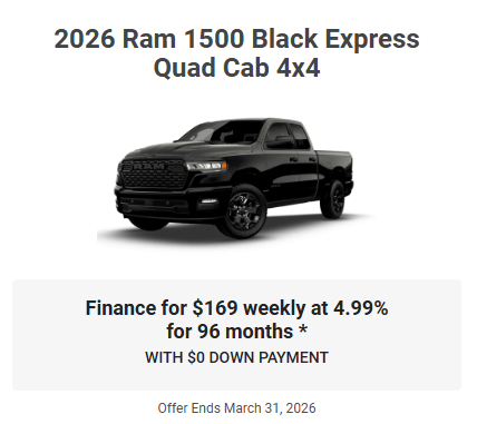 2026 Ram 1500 Black Express Quad Cab March 2026 Specials Offers Incentives Rocky Mountain House Sylvan Lake Innisfail Red Deer Drayton Valley Stettler Olds Lacombe Blackfalds Alberta Ab Alta