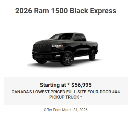 2026 Ram 1500 Black Express Ram Truck Specials Offers Incentives March 2026 Rocky Mountain House Alberta Alta AB Red Deer Sylvan Lake Caroline Drayton Valley Innisfail Olds Blackfalds Ponoka Nordegg