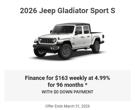 Rod The Sales Boss Presents 2026 Jeep Gladiator Sport S Specials Offers Incentives March 2026 Rocky Mountain House Alberta Alta AB Red Deer Sylvan Lake Caroline Drayton Valley Innisfail Olds Blackfalds Ponoka Nordegg