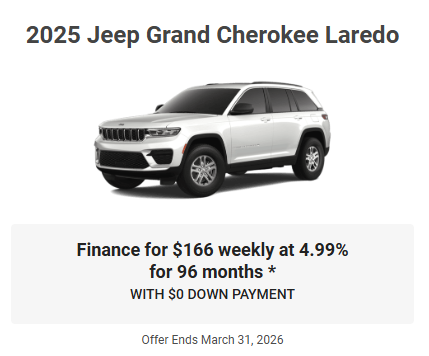 Rod The Sales Boss Presents 2025 Jeep Grand Cherokee Laredo Specials Offers Incentives March 2026 Rocky Mountain House Alberta Alta AB Red Deer Sylvan Lake Caroline Drayton Valley Innisfail Olds Blackfalds Ponoka Nordegg
