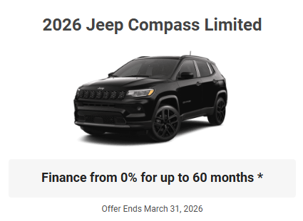 Rod The Sales Boss Presents 2026 Jeep Compass Limited Specials Offers Incentives March 2026 Rocky Mountain House Alberta Alta AB Red Deer Sylvan Lake Caroline Drayton Valley Innisfail Olds Blackfalds Ponoka Nordegg