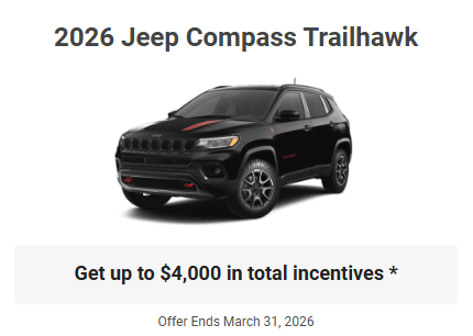 Rod The Sales Boss Presents 2026 Jeep Compass Trailhawk Specials Offers Incentives March 2026 Rocky Mountain House Alberta Alta AB Red Deer Sylvan Lake Caroline Drayton Valley Innisfail Olds Blackfalds Ponoka Nordegg