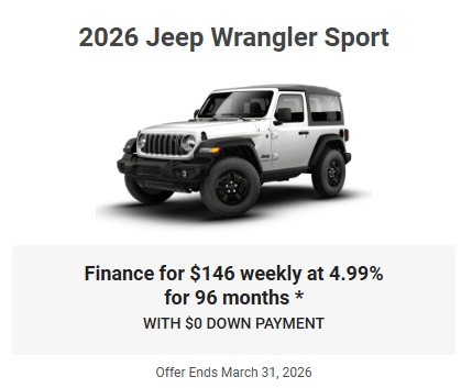 Rod The Sales Boss Presents 2026 Jeep Wrangler Sport Specials Offers Incentives March 2026 Rocky Mountain House Alberta Alta AB Red Deer Sylvan Lake Caroline Drayton Valley Innisfail Olds Blackfalds Ponoka Nordegg