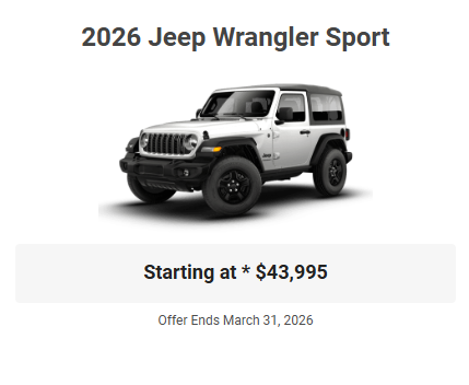 Rod The Sales Boss Presents 2026 Jeep Wrangler Sport Specials Offers Incentives March 2026 Rocky Mountain House Alberta Alta AB Red Deer Sylvan Lake Caroline Drayton Valley Innisfail Olds Blackfalds Ponoka Nordegg