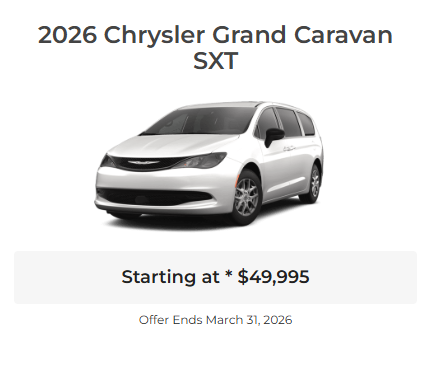 Rod The Sales Boss Presents 2026 Chrysler Grand Caravan SXT Specials Offers Incentives Rocky Mountain House Sylvan Lake Innisfail Red Deer Drayton Valley Stettler Olds Lacombe Blackfalds Alberta Ab Alta $149 weekly AT 4.99 percent