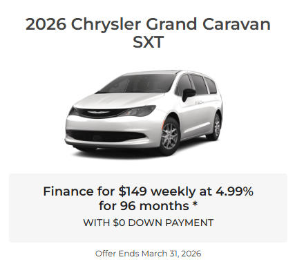 Rod The Sales Boss Presents 2026 Chrysler Grand Caravan SXT Specials Offers Incentives Rocky Mountain House Sylvan Lake Innisfail Red Deer Drayton Valley Stettler Olds Lacombe Blackfalds Alberta Ab Alta