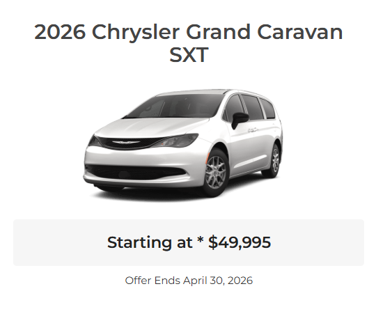 Rod The Sales Boss Presents 2026 Chrysler Grand Caravan SXT Specials Offers Incentives Rocky Mountain House Sylvan Lake Innisfail Red Deer Drayton Valley Stettler Olds Lacombe Blackfalds Alberta Ab Alta 