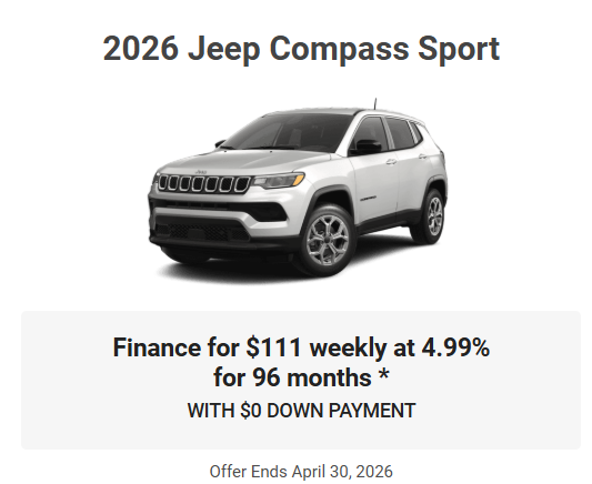 Rod The Sales Boss Presents 2026 Jeep Compass Sport Specials Offers Incentives Rocky Mountain House Alberta Alta AB Red Deer Sylvan Lake Caroline Drayton Valley Innisfail Olds Blackfalds Ponoka Nordegg