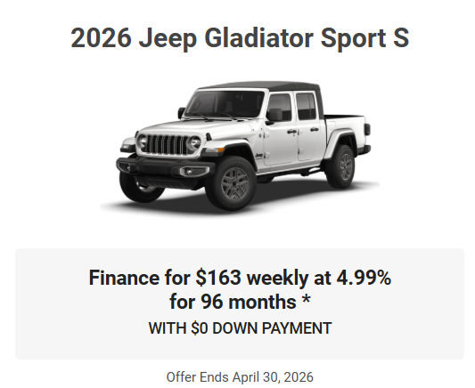 Rod The Sales Boss Presents 2026 Jeep Gladiator Sport Specials Offers Incentives Rocky Mountain House Alberta Alta AB Red Deer Sylvan Lake Caroline Drayton Valley Innisfail Olds Blackfalds Ponoka Nordegg