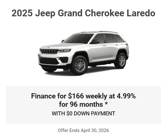 Rod The Sales Boss Presents 2025 Jeep Grand Cherokee Laredo Specials Offers Incentives Rocky Mountain House Alberta Alta AB Red Deer Sylvan Lake Caroline Drayton Valley Innisfail Olds Blackfalds Ponoka Nordegg