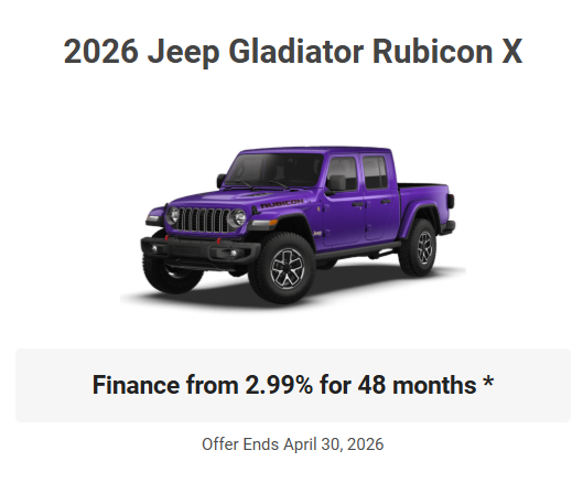Rod The Sales Boss Presents 2026 Jeep Gladiator Rubicon X Specials Offers Incentives  Rocky Mountain House Alberta Alta AB Red Deer Sylvan Lake Caroline Drayton Valley Innisfail Olds Blackfalds Ponoka Nordegg
