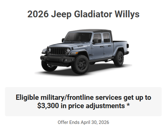 Rod The Sales Boss Presents 2026 Jeep Gladiator Willys Specials Offers Incentives  Rocky Mountain House Alberta Alta AB Red Deer Sylvan Lake Caroline Drayton Valley Innisfail Olds Blackfalds Ponoka Nordegg