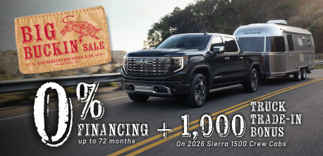 Get financing as low as 0% for up to 72 months OAC and up to $1,000 Trade-In bonus on 2026 GMC Sierra 1500 Crew Cabs