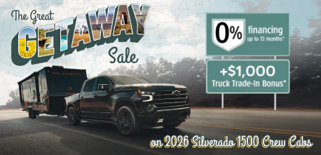 Get financing as low as 0% for up to 72 months OAC and up to $1,000 Trade-In Bonus on 2026 Silverado 1500 Crew Cabs