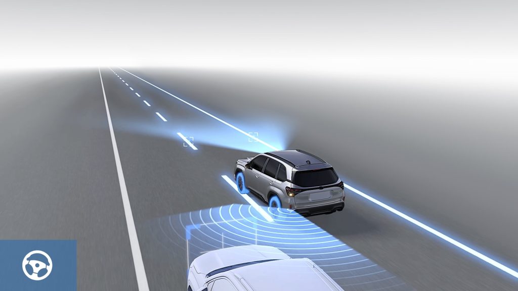 Illustration of a 2026 Subaru Forester using EyeSight Emergency Lane Keep Assist, showing steering assistance and lane markings highlighted on a highway.