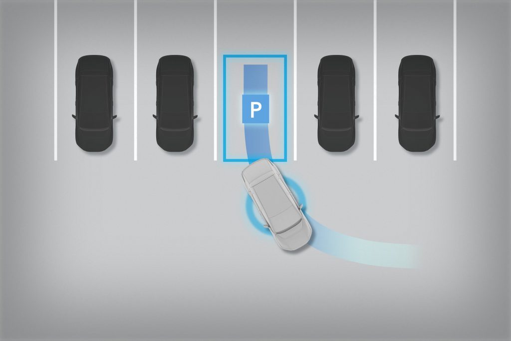 Top‑down graphic showing a 2026 Subaru Solterra automatically steering into a highlighted parking space between other parked vehicles.
