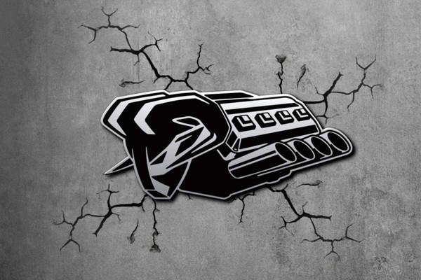 A black and white drawing of a HEMI V8 against a grey background with cracks in it