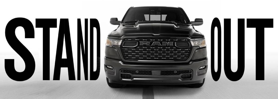 A 2026 ram 1500 black express faces the camera between the words STAND OUT
