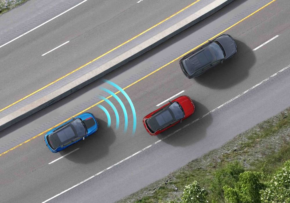 A top-down diagram of the 2026 Jeep Compass with blue radar lines showing its sensors working