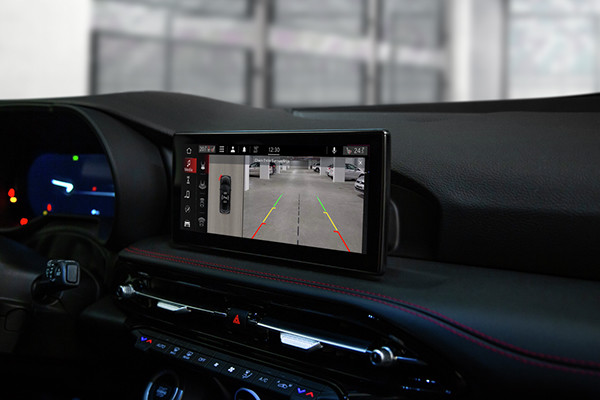 A 2025 Dodge Hornet's 360 Degree Surround View Camera as seen on its dashboard touchscreen. New 2025 Dodge Hornet Safety Technology at Tarrabain Motor Products in Lac La Biche, AB