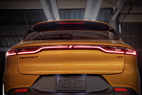 The racing taillights of the 2025 Dodge Hornet. 2026 Dodge Hornet design features at Tarrabain Motor Products in Lac La Biche, AB