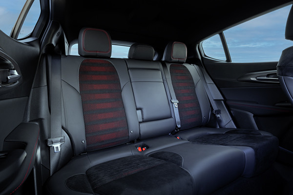 The red and black patterned seats in the 2025 Dodge Hornet. 2026 Dodge Hornet design features at Tarrabain Motor Products in Lac La Biche, AB